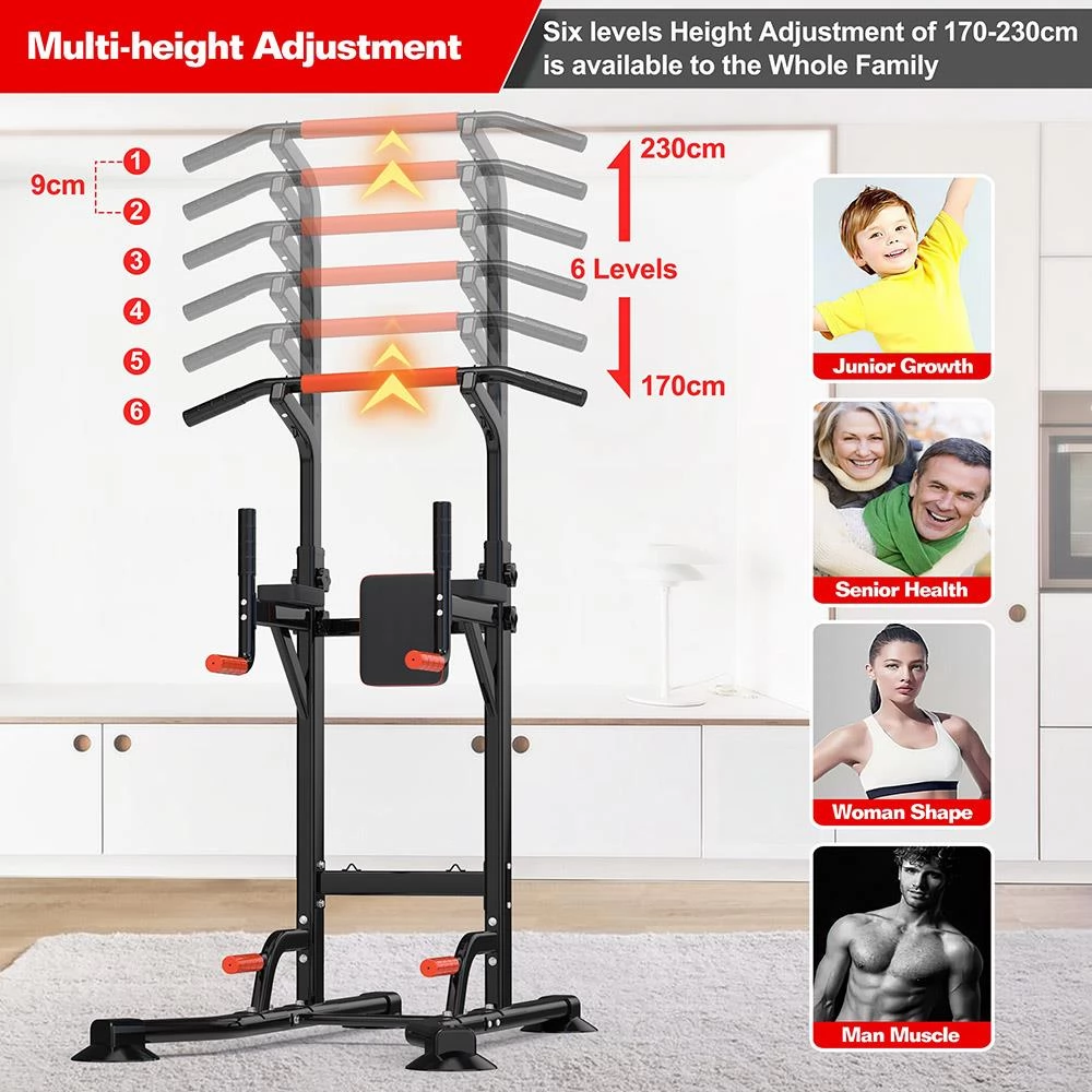 Power Tower Dip Station Multifunctional Strength Training Device With Pull up bar Push up Handles Height Adjustable GEEKMAXI.COM